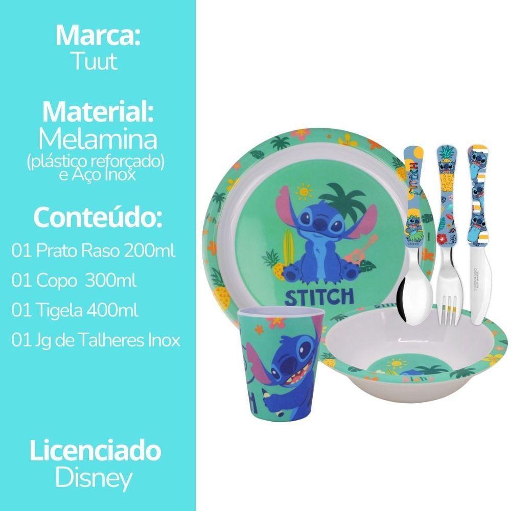 Jogo Refeição Infantil Melamina Stitch Disney 6 Peças, Pratos, Copo E Talheres - Tuut - 7