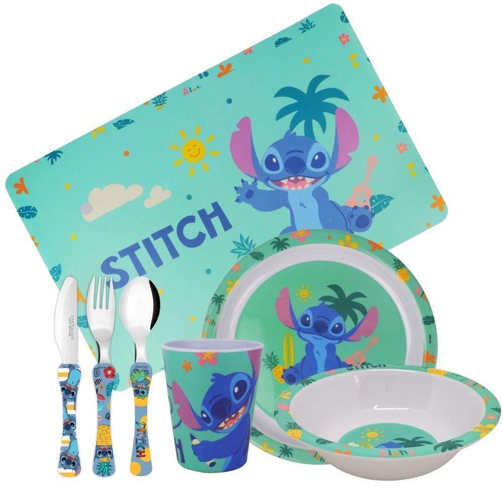 Jogo Refeição Infantil Melamina Stitch Disney 7 Peças Incluso Talheres Inox - Tuut - 1