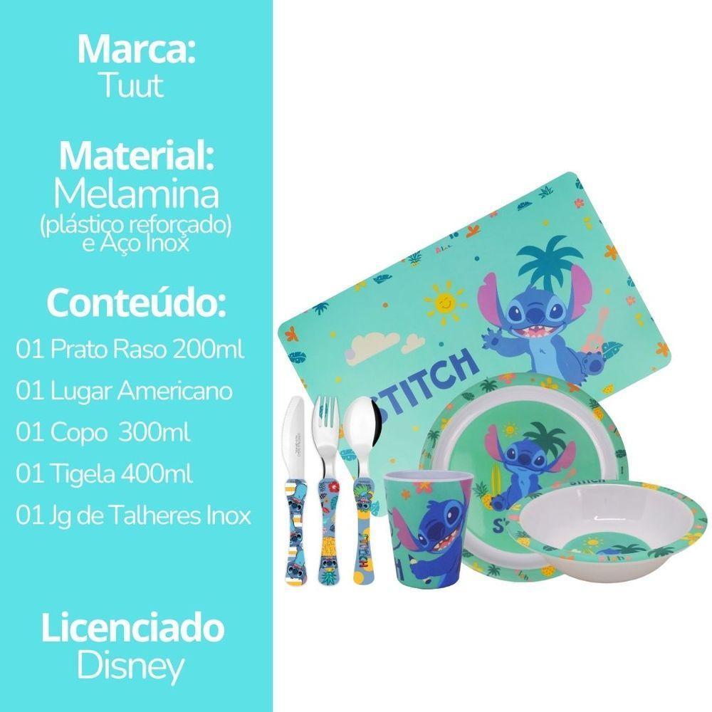 Jogo Refeição Infantil Melamina Stitch Disney 7 Peças Incluso Talheres Inox - Tuut - 10
