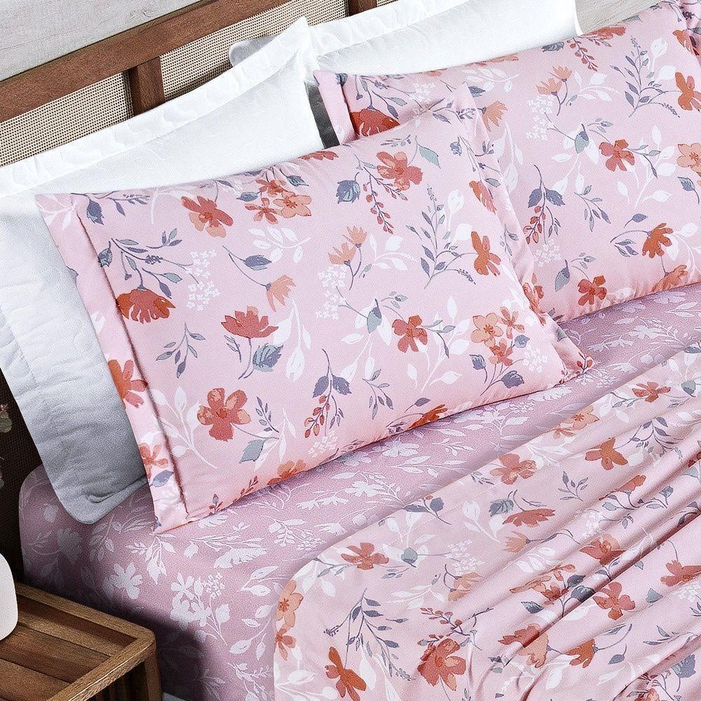 Cobre Leito + Jogo De Cama Afeto 400 Fios King 07 Peças 100% Poliéster - Flora - 7