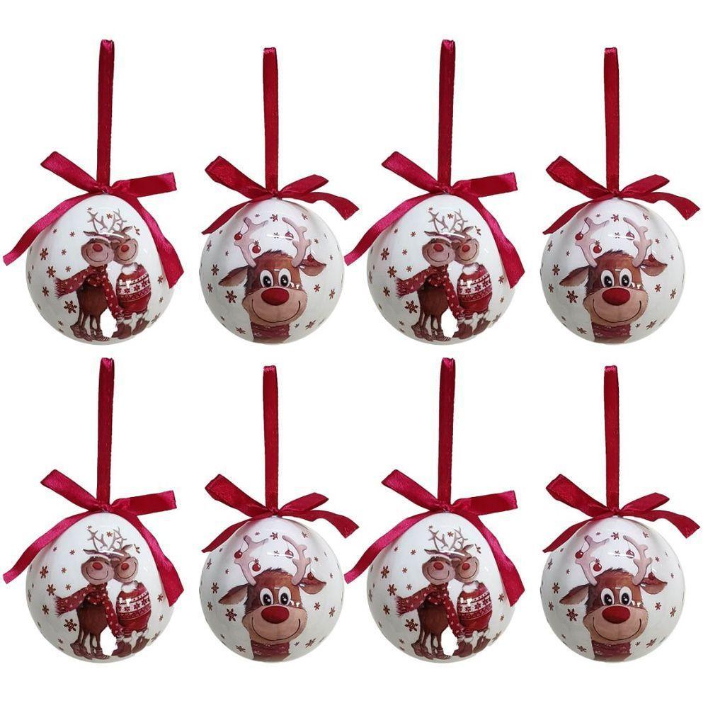Kit 8 Bolas Natal Decoradas Brancas Estampa Rena Love E Laço Vermelho 7,5cm - 1