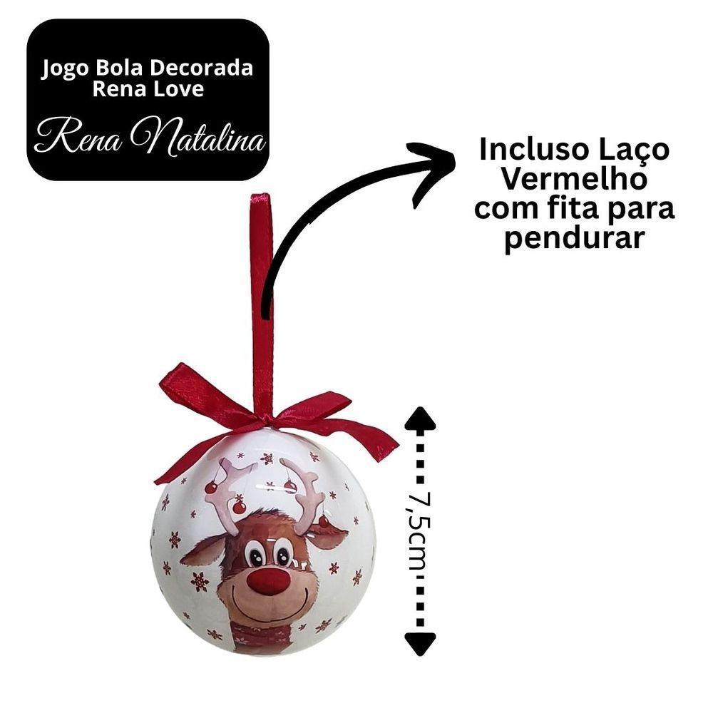 Kit 8 Bolas Natal Decoradas Brancas Estampa Rena Love E Laço Vermelho 7,5cm - 4