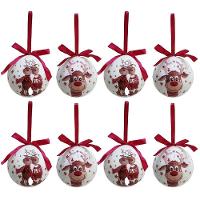 Kit 8 Bolas Natal Decoradas Brancas Estampa Rena Love E Laço Vermelho 7,5cm - 1