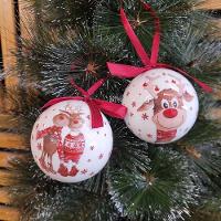 Kit 8 Bolas Natal Decoradas Brancas Estampa Rena Love E Laço Vermelho 7,5cm - 7