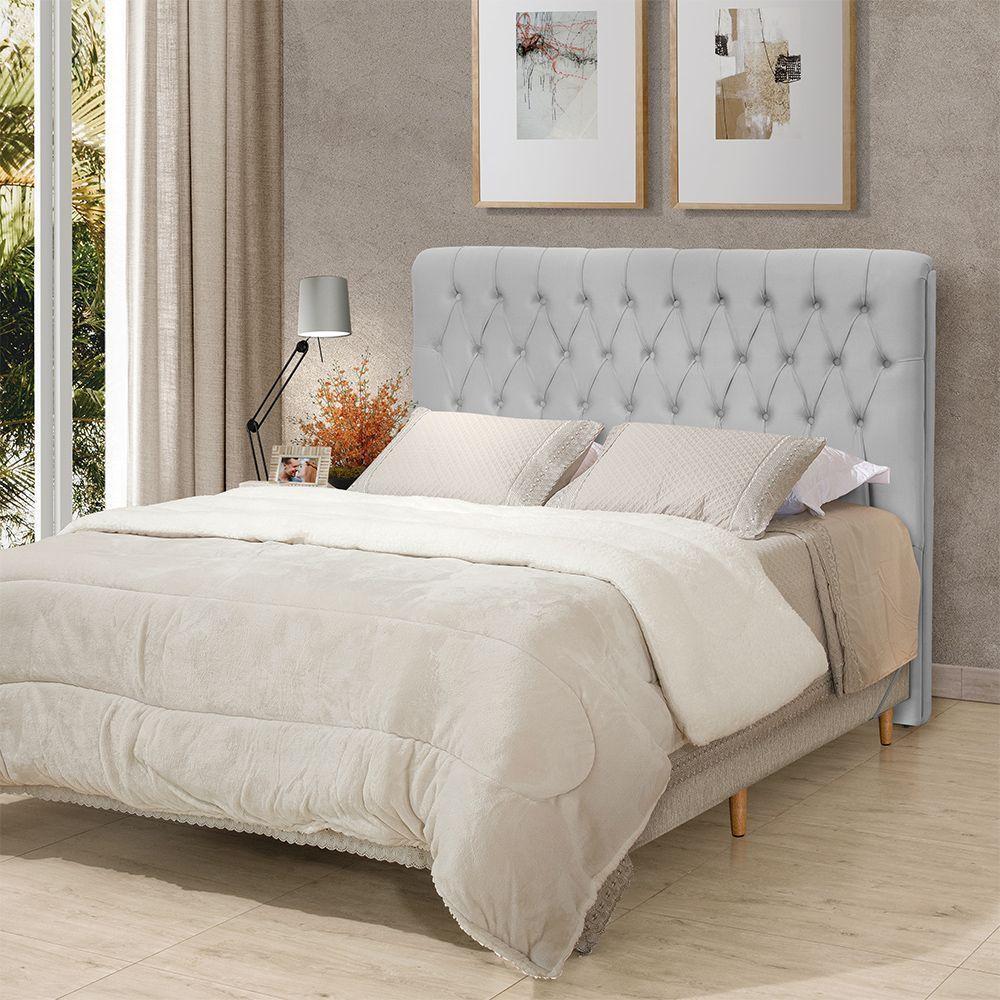 Cabeceira Cama Queen Estofada 1,60 - Inca Veludo Cinza Claro - 1