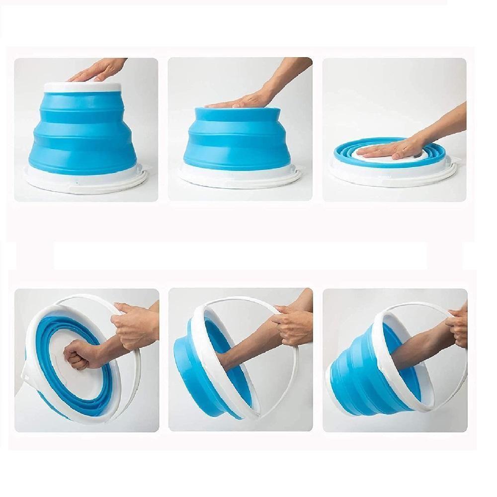 Balde Dobrável Compacto Silicone Para Camping Gelo Garrafas Lavanderia Água Multiuso Flexível 10l Azul - 5