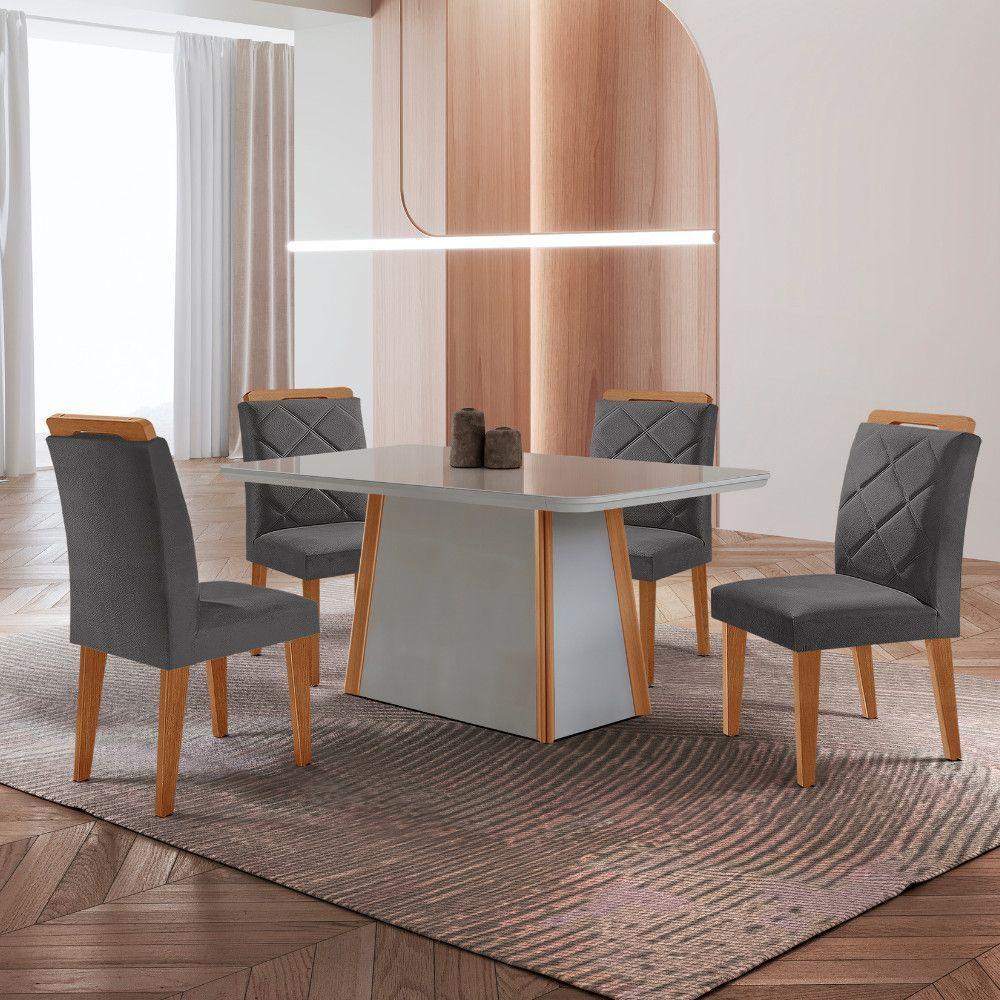 Mesa De Jantar Diane E 4 Cadeiras Melissa Moderna Mo... Veludo Grafite/off /nat/serig. Off Com Vidro - 1