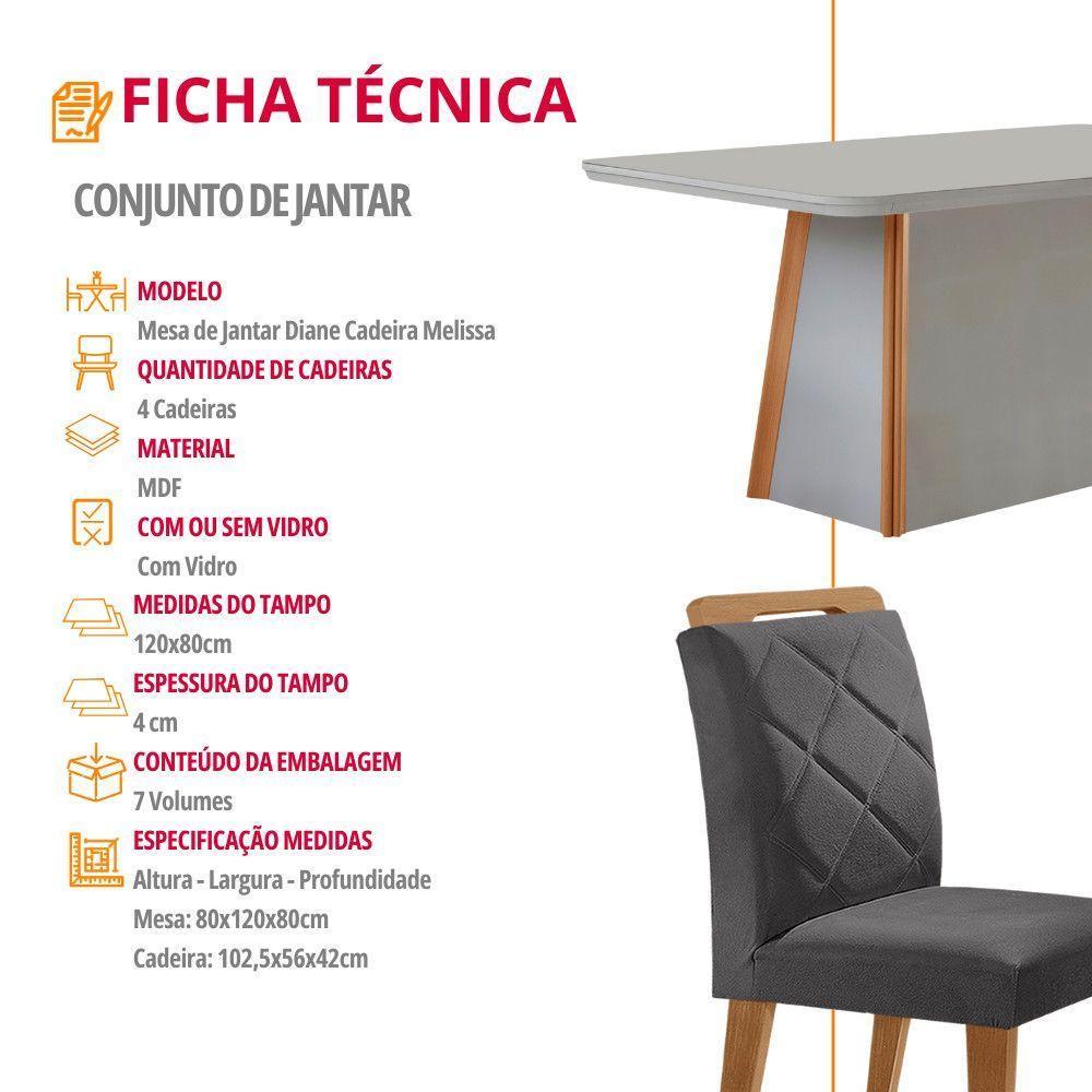Mesa De Jantar Diane E 4 Cadeiras Melissa Moderna Mo... Veludo Grafite/off /nat/serig. Off Com Vidro - 6