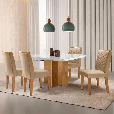 Conjunto de Jantar Olimpia Liz 4 Lugares Tampo de Vidro com Cadeiras em Veludo Off White