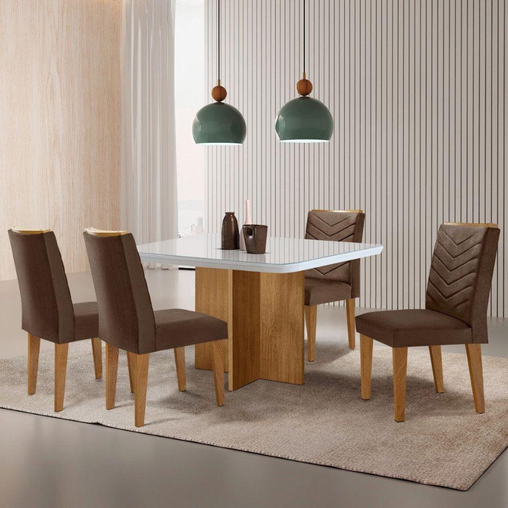 Sala De Jantar Mesa 90cm Olímpia Cadeira Liz Moderna M... Veludo Marrom/off/nat/serig Off Com Vidro - 1
