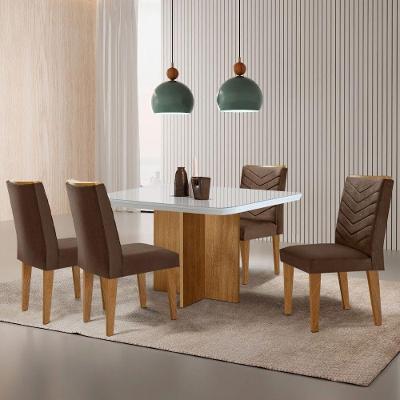 Sala de Jantar Olimpia Liz 4 Lugares Tampo de Vidro com Cadeiras em Veludo Marrom 90cm