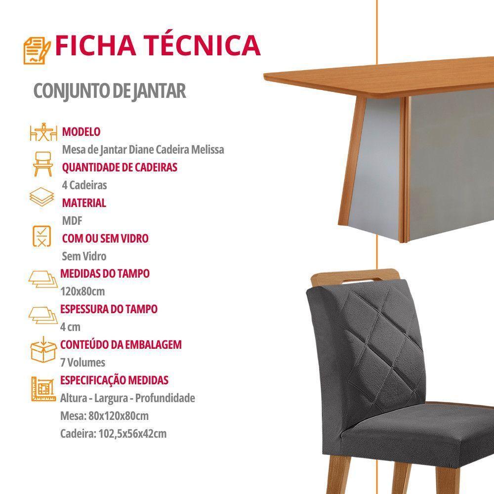 Mesa De Jantar Diane E 4 Cadeiras Melissa Moderna Mobilia Veludo Grafite/naturalle Laminado - 6