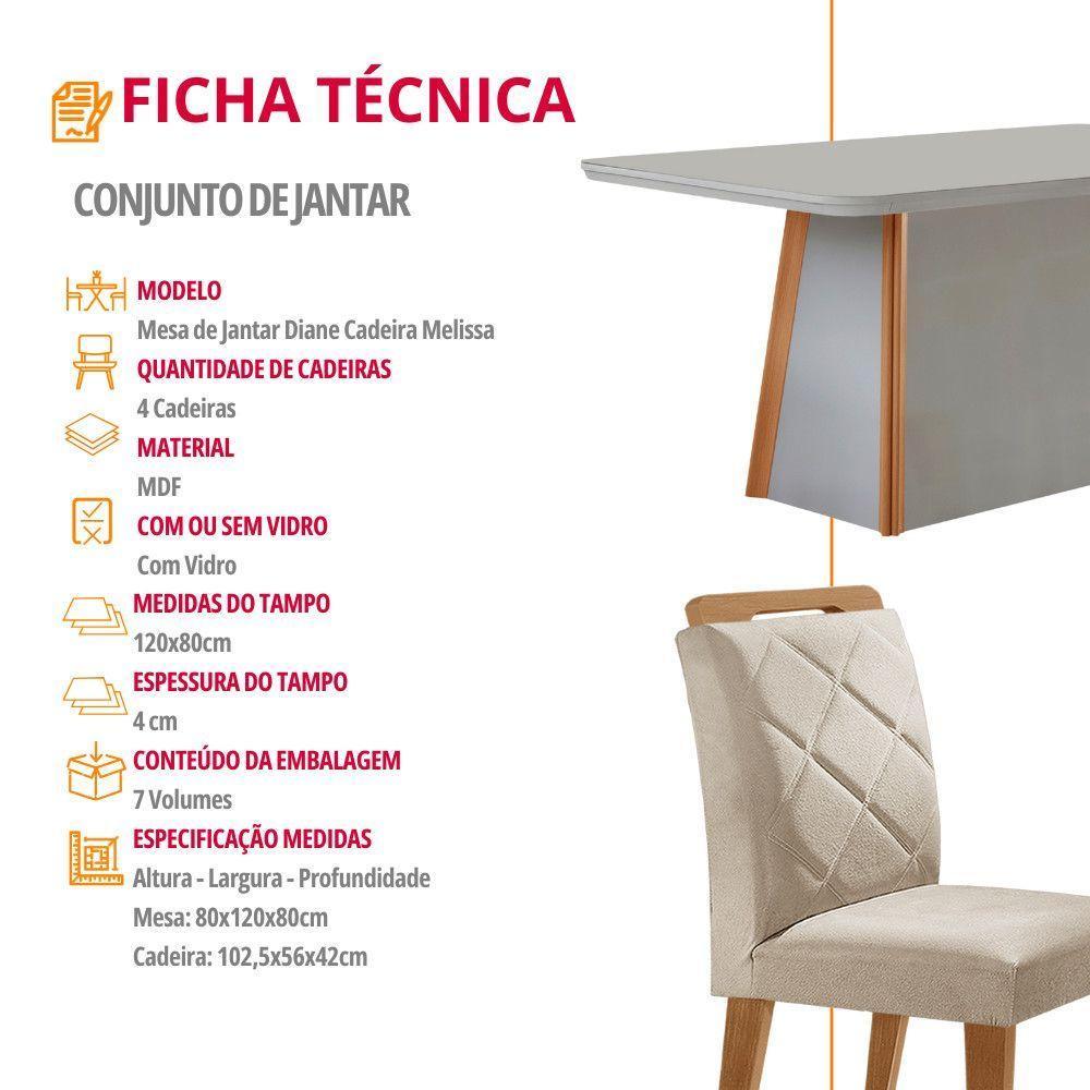 Mesa De Jantar Diane E 4 Cadeiras Melissa Moderna M... Veludo Creme/off/naturale/serig Off Com Vidro - 6
