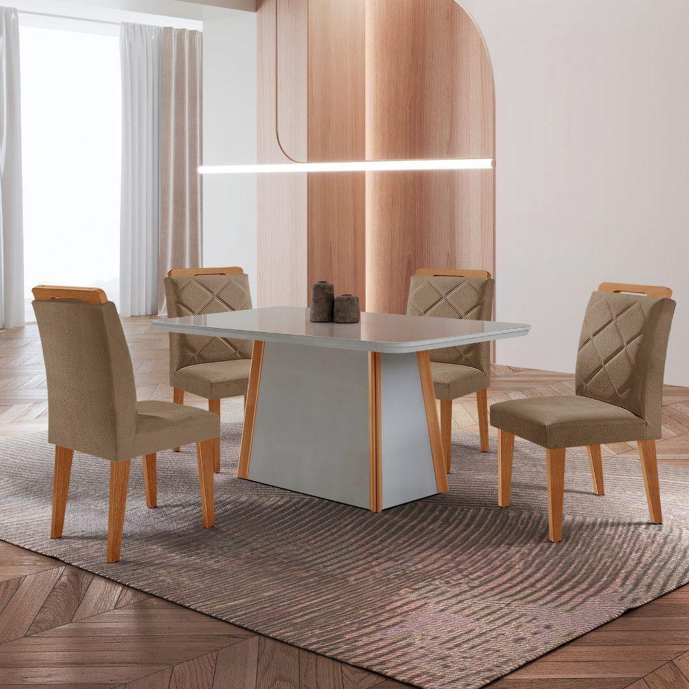 Mesa De Jantar Diane E 4 Cadeiras Melissa Moderna Mo... Veludo Capuccino/off/nat/serig Off Com Vidro - 1