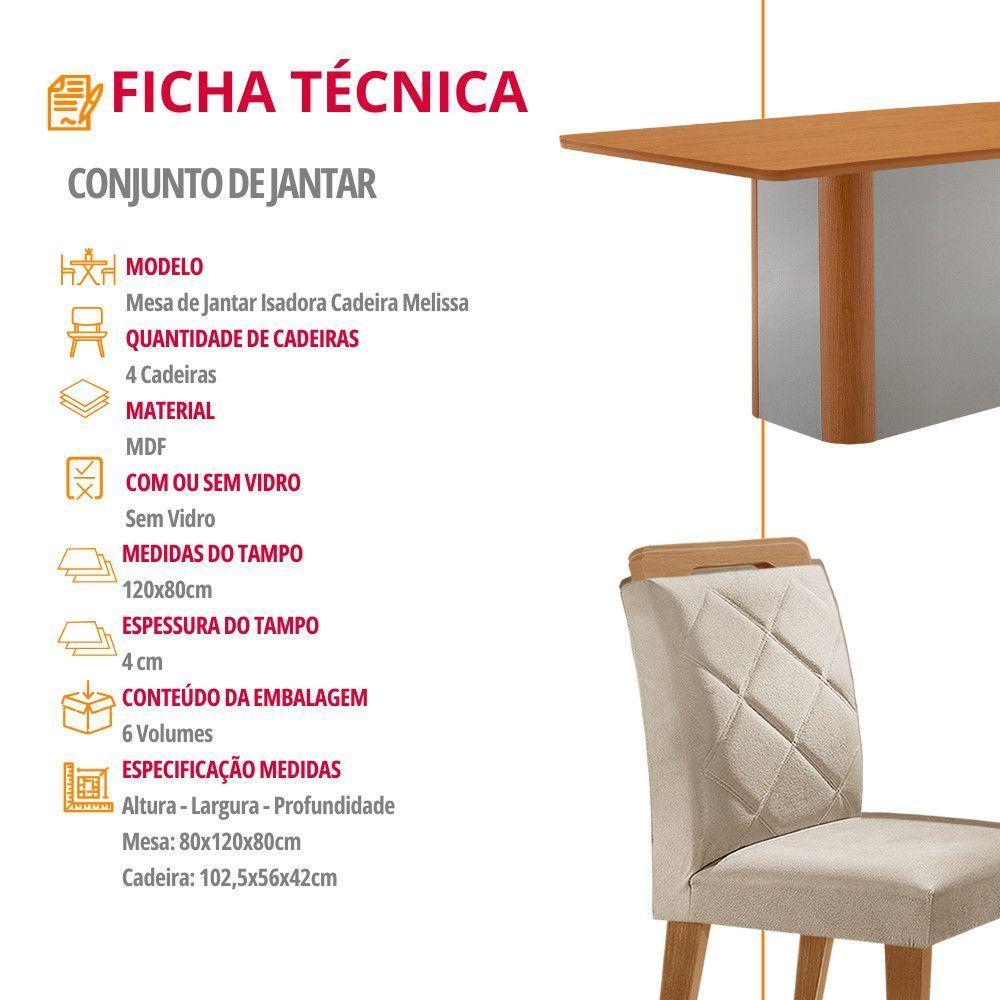 Mesa De Jantar Isadora Mdf Com 4 Cadeiras Moderna Mobilia Veludo Creme/naturale Laminado - 5