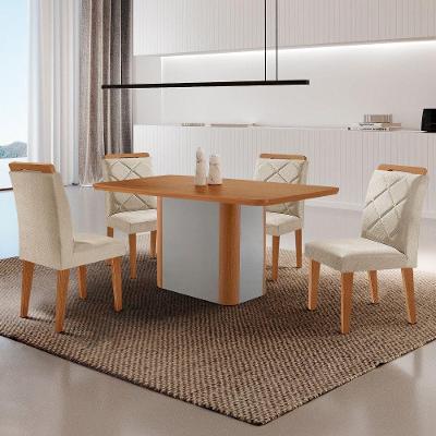 Mesa De Jantar Isadora Mdf Com 4 Cadeiras Moderna Mobilia Veludo Creme/naturale Laminado