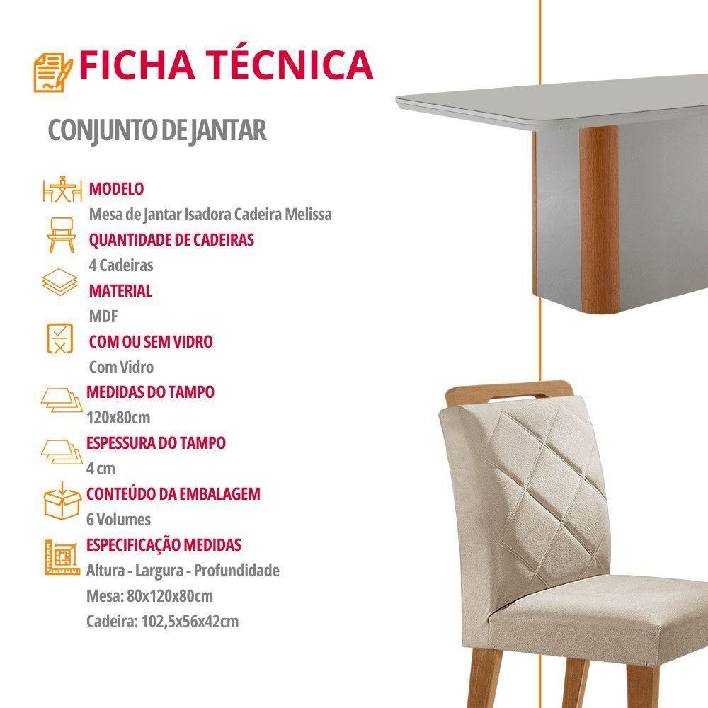 Mesa De Jantar Isadora Com 4 Cadeiras Moderna Mo... Veludo Creme /off /naturale /serig Off Com Vidro - 6