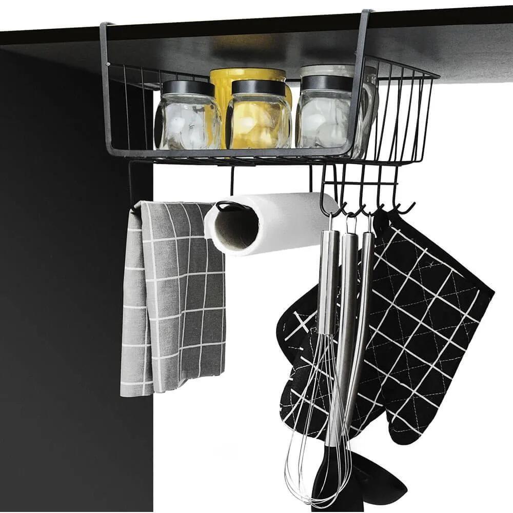 Cesto Organizador Suspenso Prateleira Porta Armário Suporte Bancada Rolo Papel Toalha Gaveta Mesa Cozinha Lavanderia 6 Ganchos - 8