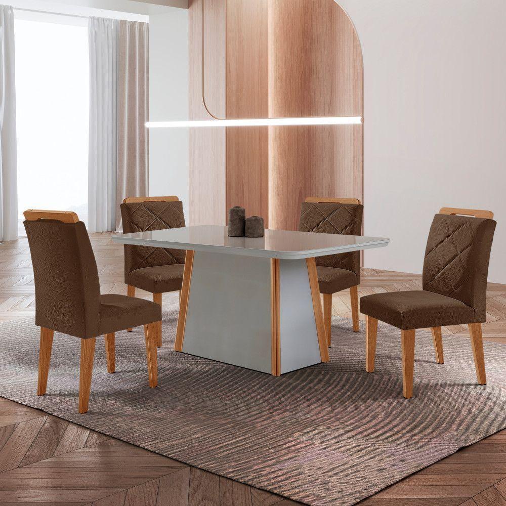 Mesa De Jantar Diane E 4 Cadeiras Melissa Moderna Mobilia Veludo Marrom/off/nat/serig Off Com Vidro - 1