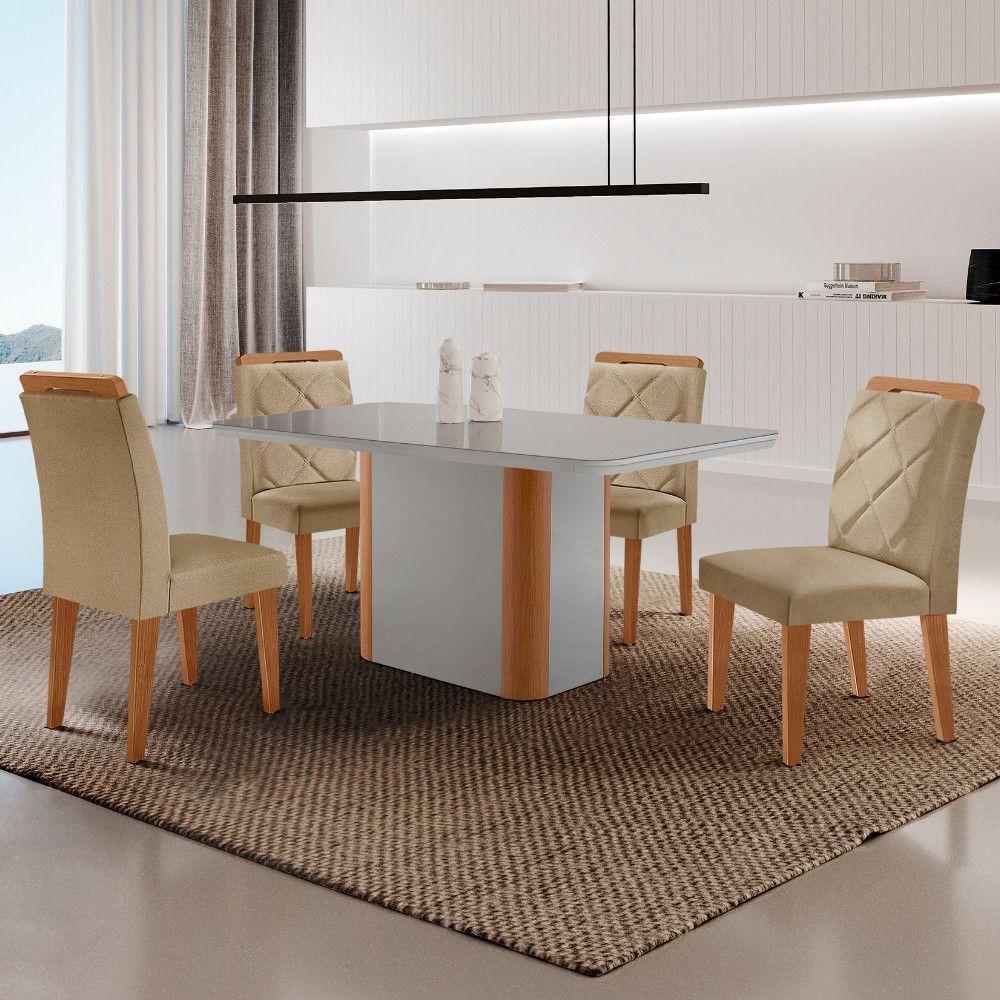 Mesa De Jantar Isadora Com 4 Cadeiras Moderna Mobilia Turim 07/off/naturale/serig. Off Com Vidro - 1