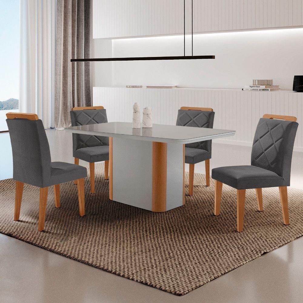 Mesa De Jantar Isadora Com 4 Cadeiras Moderna Mobilia Veludo Grafite/off /nat/serig. Off Com Vidro - 1