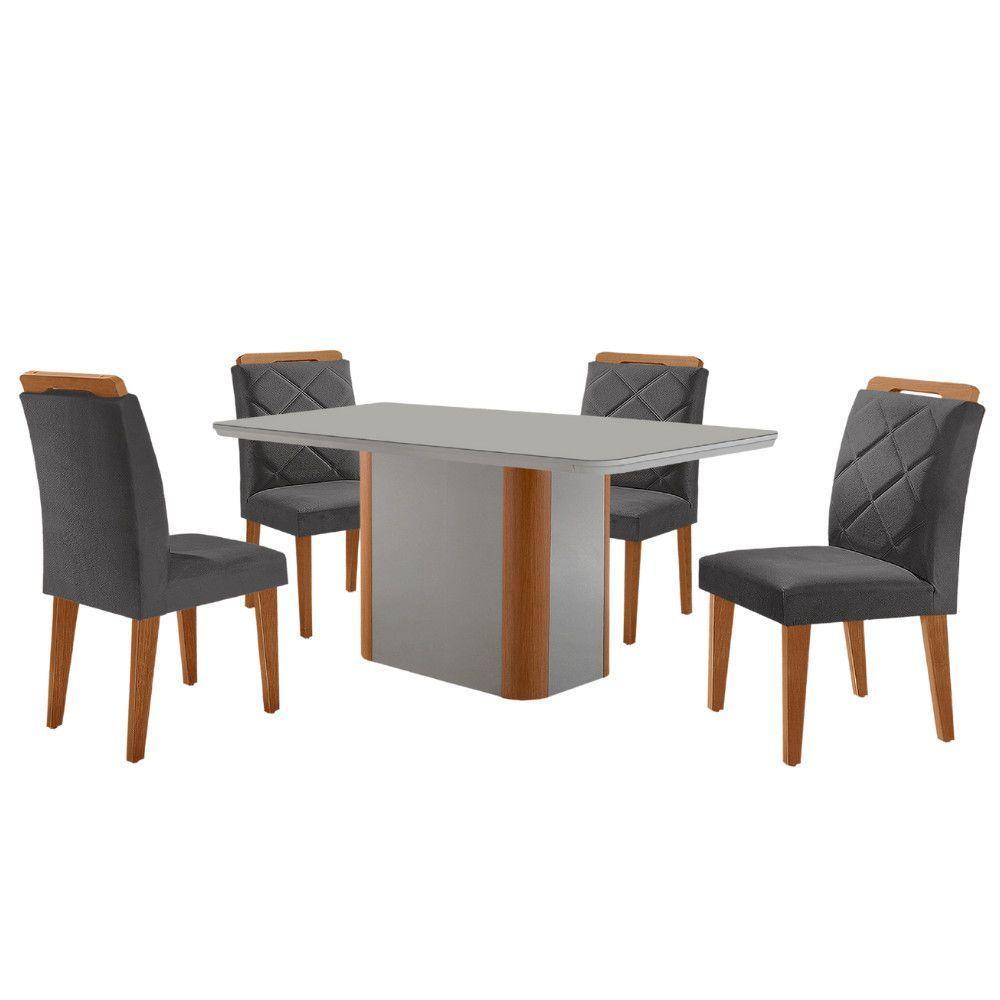 Mesa De Jantar Isadora Com 4 Cadeiras Moderna Mobilia Veludo Grafite/off /nat/serig. Off Com Vidro - 2