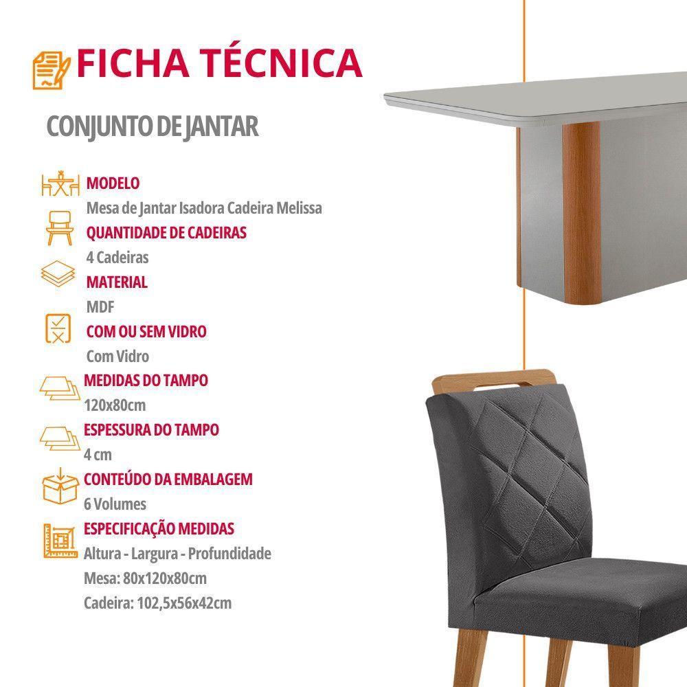Mesa De Jantar Isadora Com 4 Cadeiras Moderna Mobilia Veludo Grafite/off /nat/serig. Off Com Vidro - 6