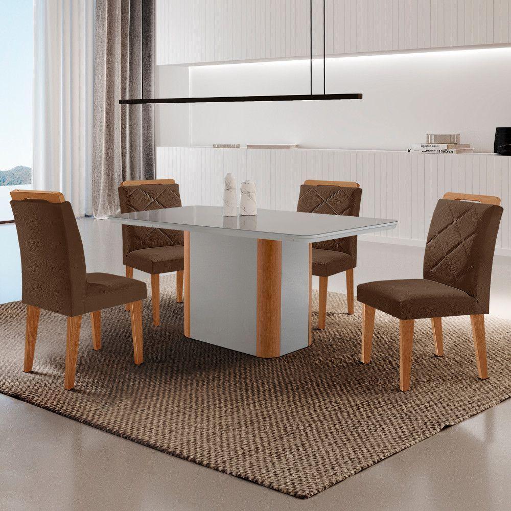 Mesa De Jantar Isadora Com 4 Cadeiras Moderna Mobilia Veludo Marrom/off/nat/serig Off Com Vidro - 1