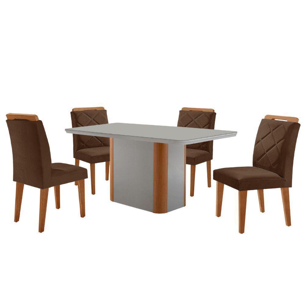 Mesa De Jantar Isadora Com 4 Cadeiras Moderna Mobilia Veludo Marrom/off/nat/serig Off Com Vidro - 2