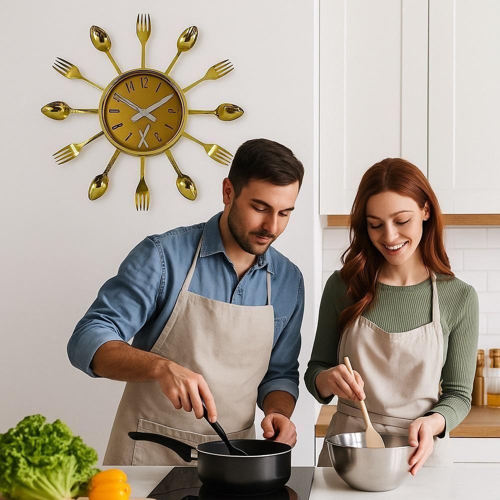 Relógio De Parede Decorativo Cozinha Estilo Retrô Com Talheres Design Elegante Moderno Dourado Luxo - 3