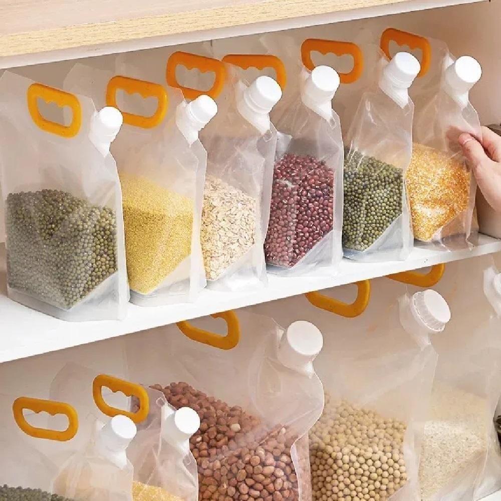 Kit 5 Sacos Armazenamento Alimentos Grãos Cereais Líquidos 1,5l Armazenar Água Bebida Organizador Plástico 1500ml Grande - 8