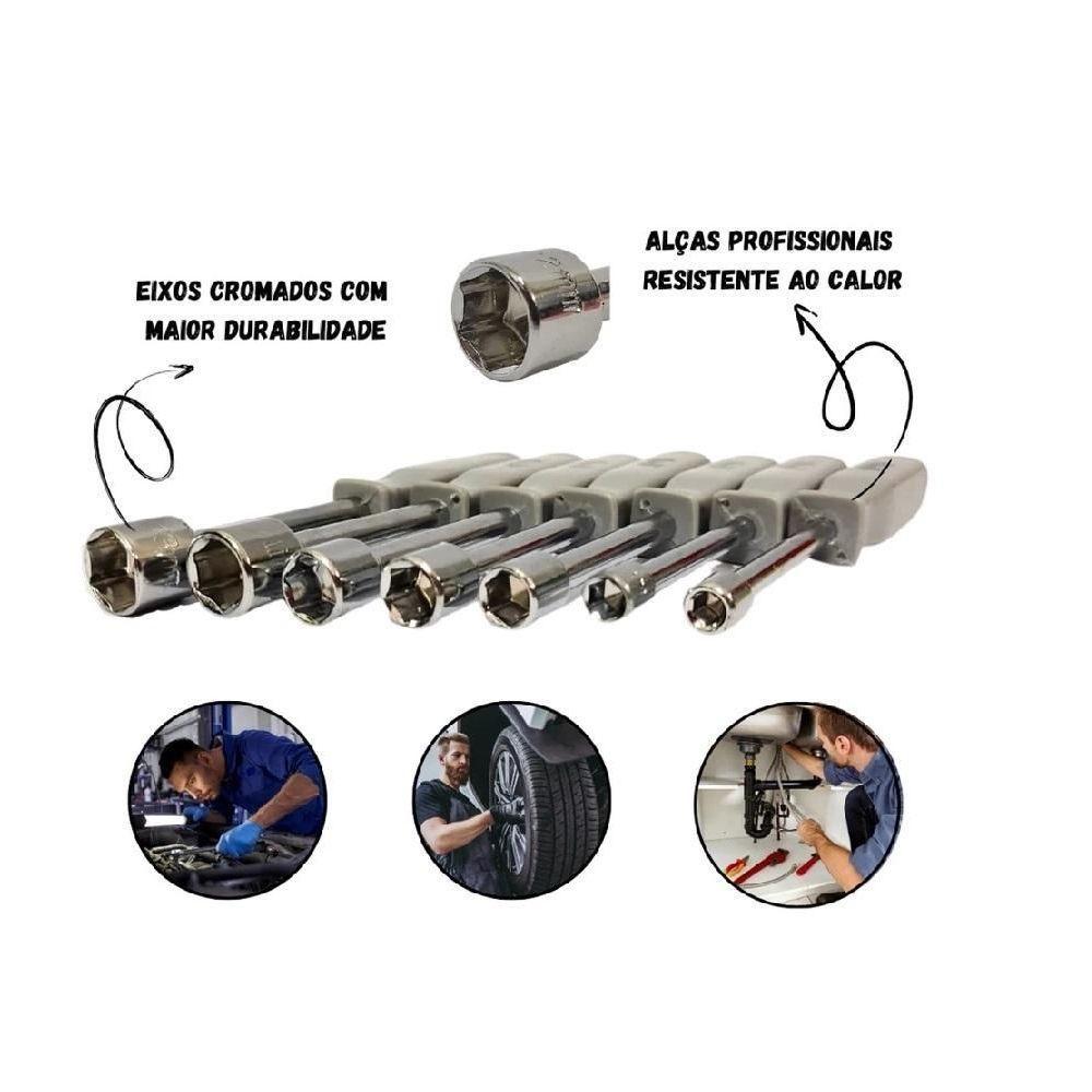 Kit Chaves Canhão Jogo 7 Peças Twister Vazada Profissional Aço 5 A 12mm Soquete Sextavada Fenda Pito - 6