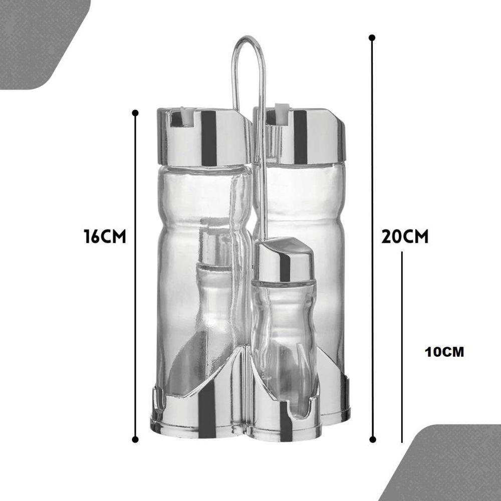 Galheteiro Vidro De Mesa 5 Peças Suporte Kit Azeite Vinagre Sal Tempero Cozinha Bar Restaurante Portátil Cromado - 5