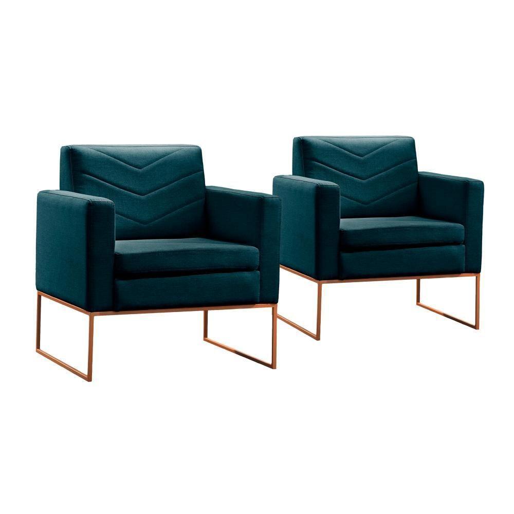 Conjunto - 2 Poltronas Apolo Luxo Base Bronze Castellar Linho Azul - 1