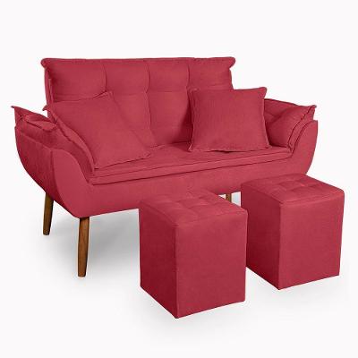 Kit Poltrona Decorativa Namoradeira 2 Puffs Quadrado E 2 Almofadas Suede - Lm Decor Cor:vermelho