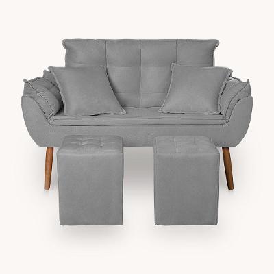 Kit Poltrona Decorativa Namoradeira 2 Puffs Quadrado E 2 Almofadas Suede Cinza Claro - Lm Decor