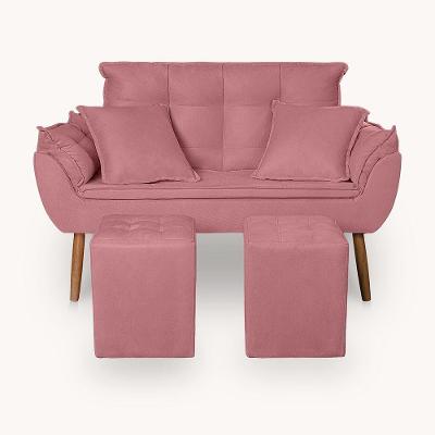 Kit Poltrona Decorativa Namoradeira 2 Puffs Quadrado E 2 Almofadas Suede Rose - Lm Decor