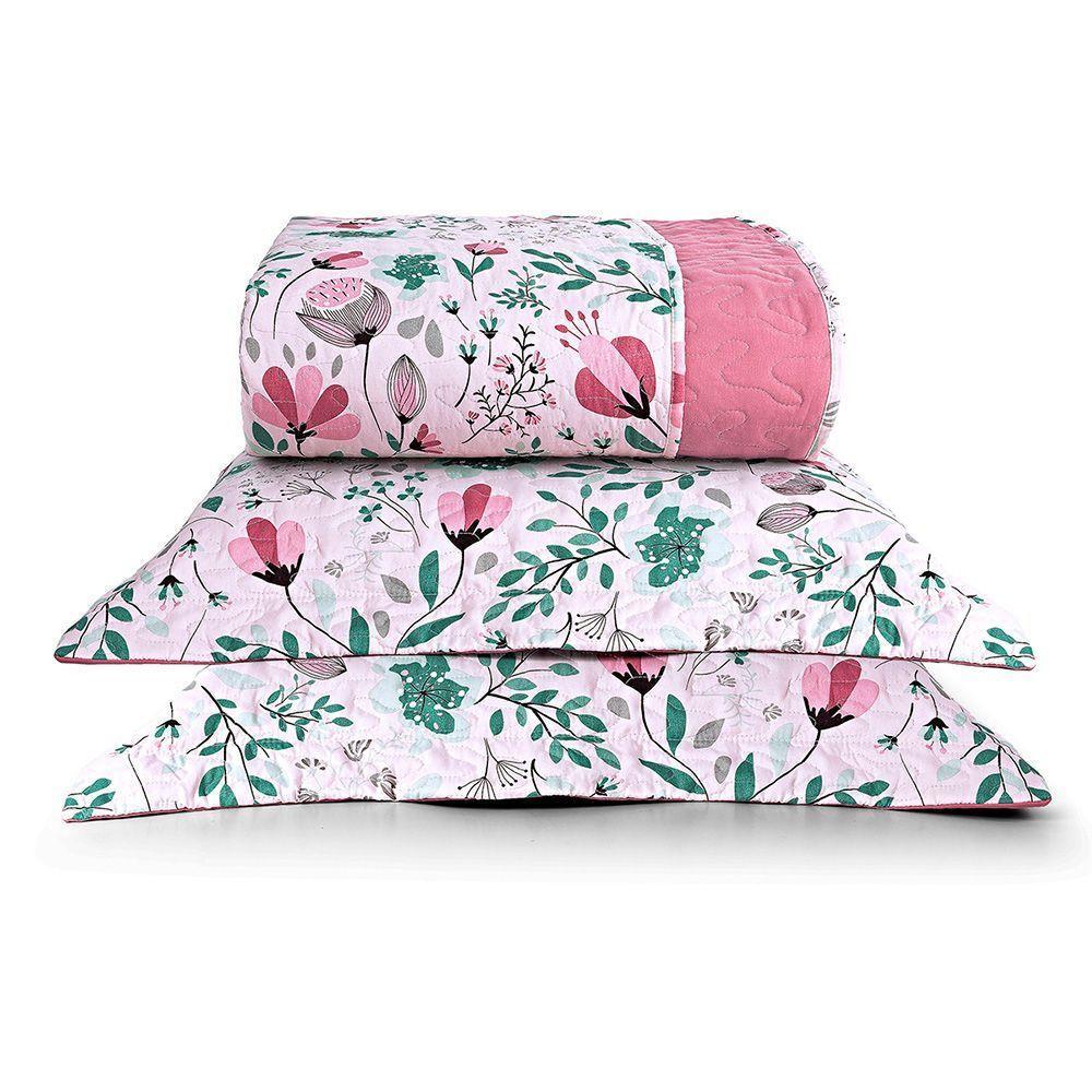 Kit Cobre Leito Colcha Casa Scarpa Celi Queen Dupla Face Micropercal 200 Fios 3 Peças Bothanica Floral Rosa - 1