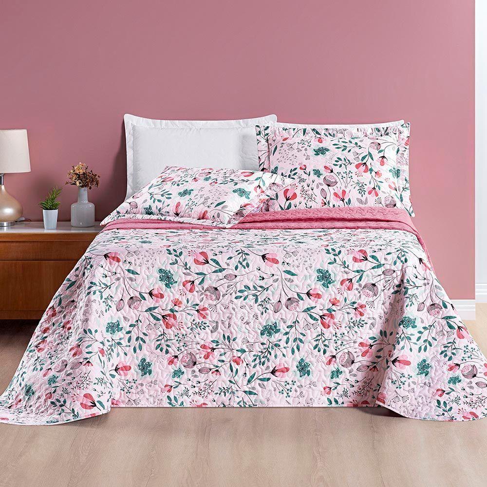 Kit Cobre Leito Colcha Casa Scarpa Celi Queen Dupla Face Micropercal 200 Fios 3 Peças Bothanica Floral Rosa - 3