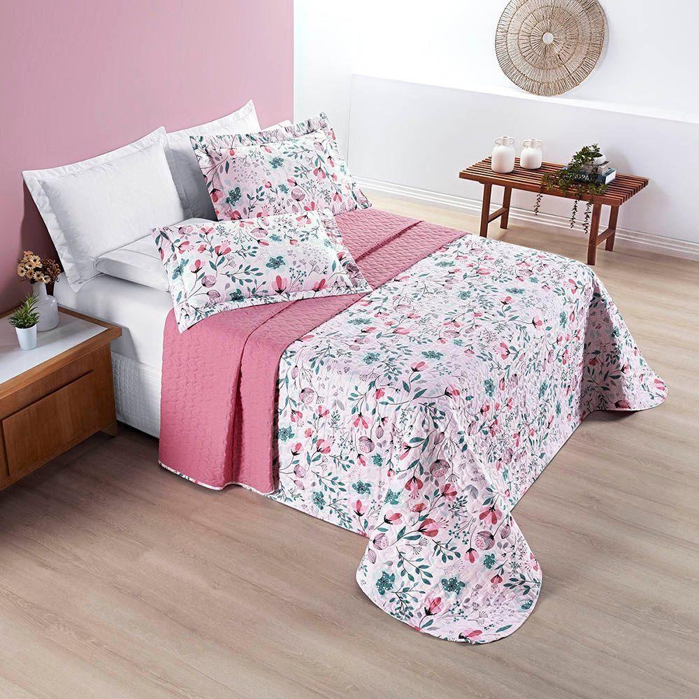 Kit Cobre Leito Colcha Casa Scarpa Celi Queen Dupla Face Micropercal 200 Fios 3 Peças Bothanica Floral Rosa - 4