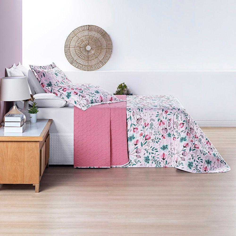 Kit Cobre Leito Colcha Casa Scarpa Celi King Dupla Face Micropercal 200 Fios 3 Peças Bothanica Floral Rosa - 5