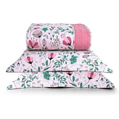Kit Cobre Leito Colcha Casa Scarpa Celi King Dupla Face Micropercal 200 Fios 3 Peças Bothanica Floral Rosa