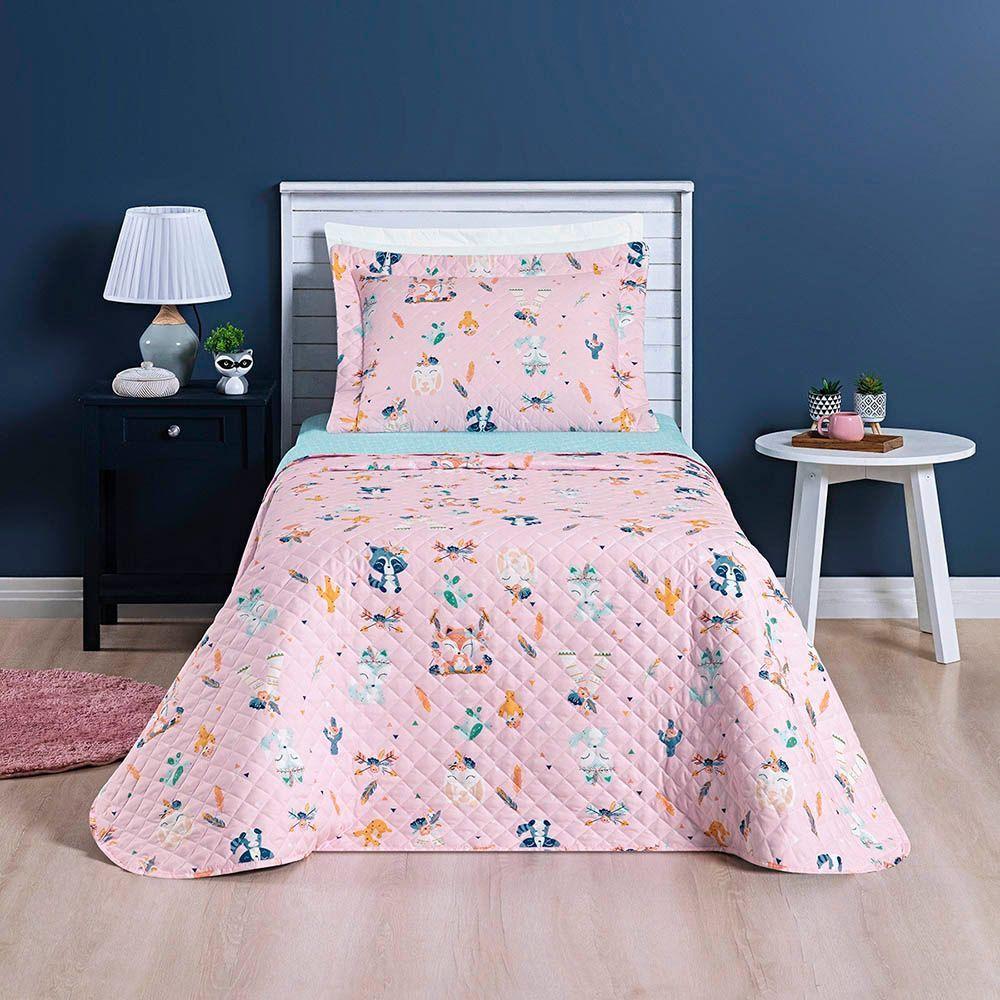 Kit Cobre Leito Colcha Solteiro Infantil Lutti Dupla Face 200 Fios 2 Peças Raposa Foxy Rosa - 2