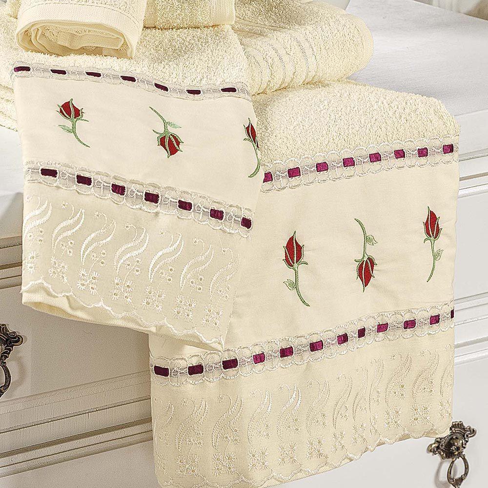 Jogo De Banho Toalhas Yasmin 5 Peças 100% Algodão 320g-m² Suave Floral - Palha - 2