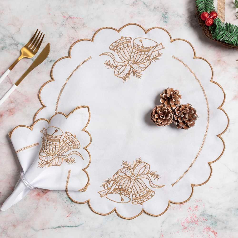 Kit 12 Jogos Americanos Natalino Guardanapos De Mesa Redondo Bordado Sinos Natal - Marfim - 100% Poliéster - 1