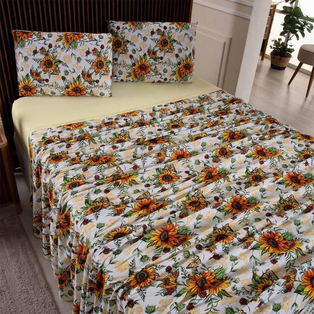 Jogo De Lençol Luar Queen 4 Peças Malha 100% Algodão Estampado - Girassol Amarelo - 2