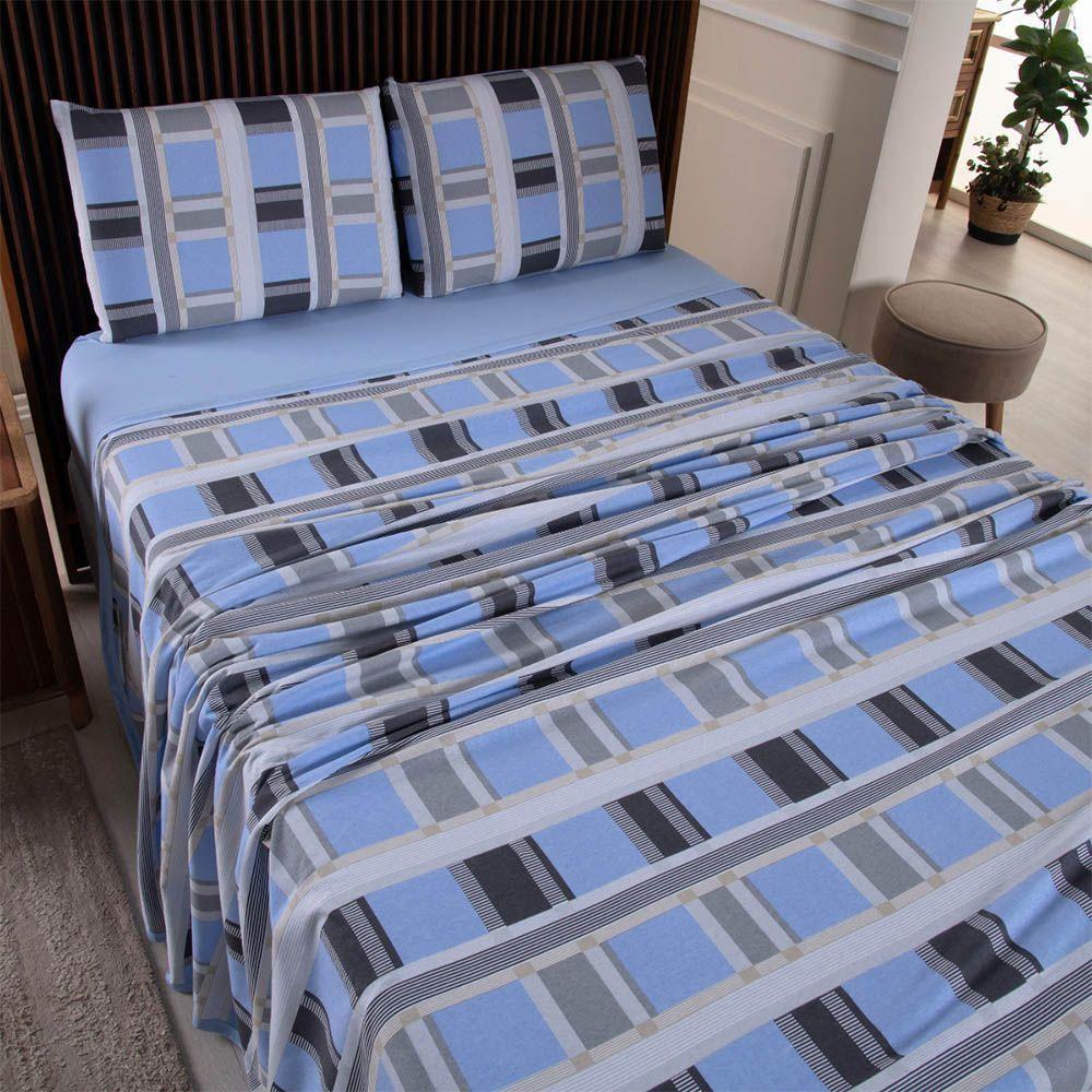 Jogo De Lençol Luar Casal 4 Peças Malha 100% Algodão Estampado - Xadrez Azul - 2