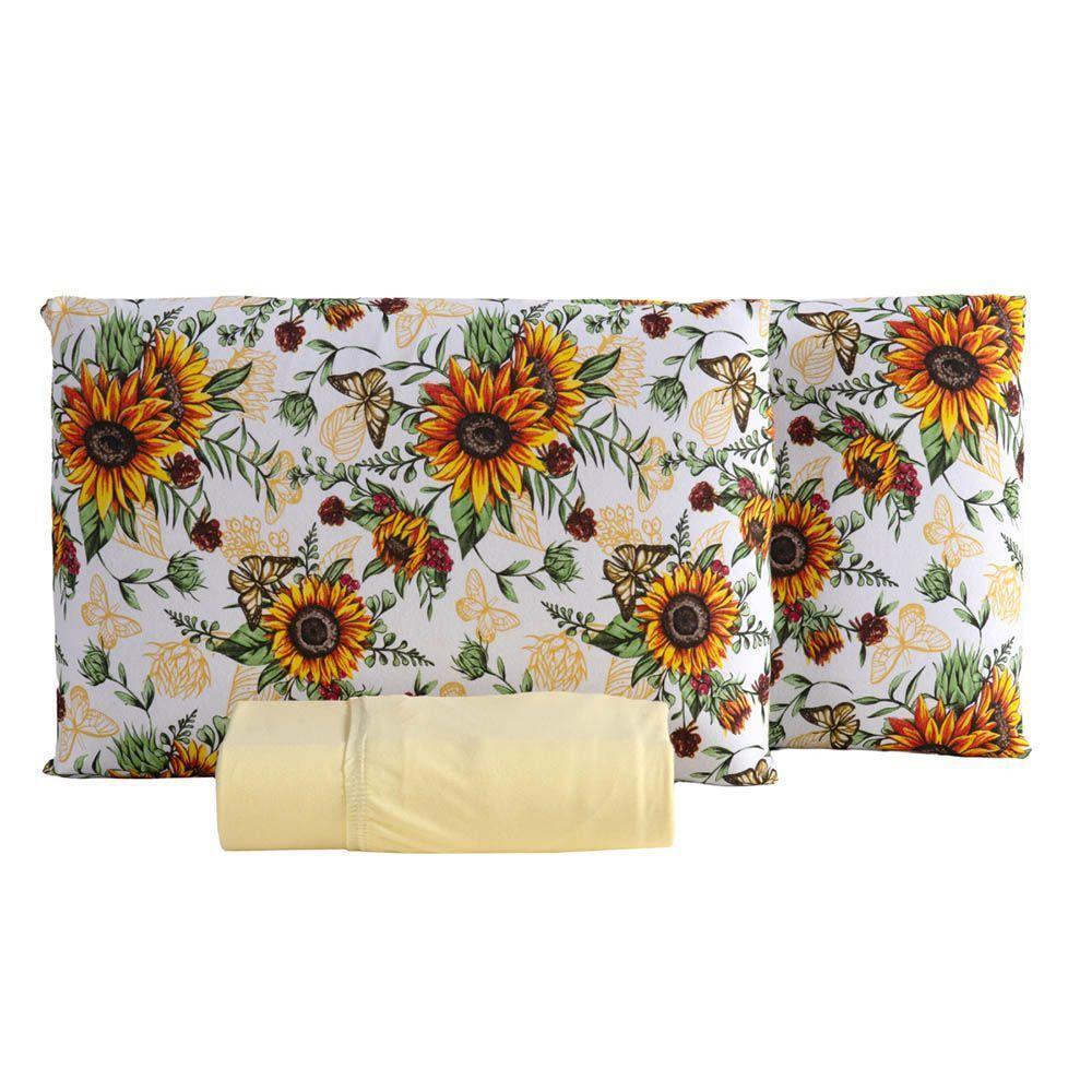 Jogo De Lençol Luar Queen 3 Peças Malha 100% Algodão Estampado - Girassol Amarelo - 1