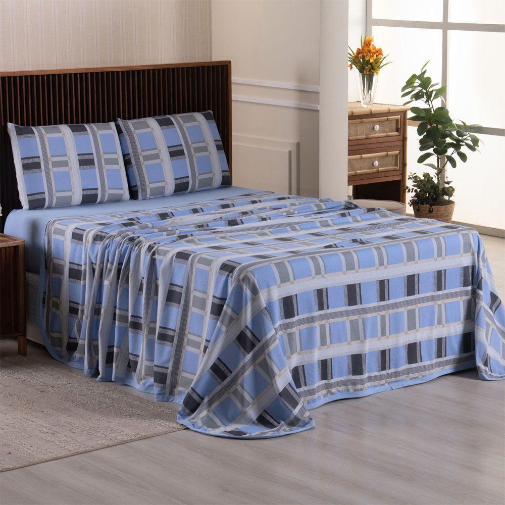 Jogo De Lençol Luar Queen 4 Peças Malha 100% Algodão Estampado - Xadrez Azul - 3