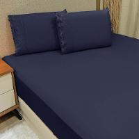 Jogo De Lençol Realce King 3 Peças Percal 300 Fios Bordado Inglês Macio - Azul Marinho - 100% Poliéster - 2